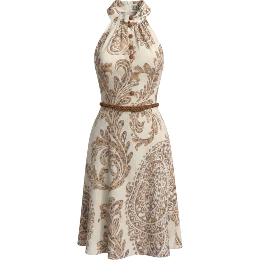 Zara Women XL Paisley Halter Mini Dress Braided Belt Crochet Buttons Tan Blue